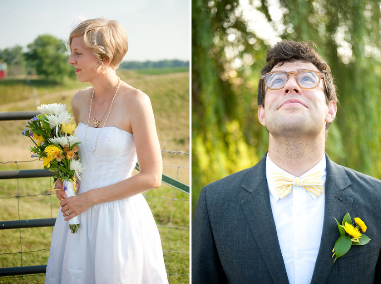 Yellow and blue wedding. Groom wearing bow tie.