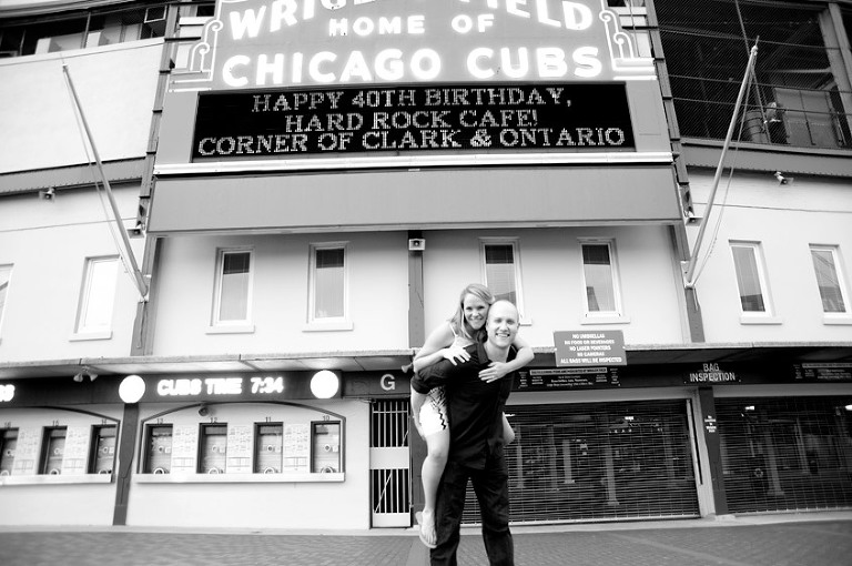 Black and White engagement photos at the wrigley field home of the chicago cubs