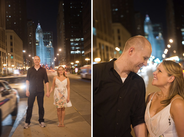 Night engagement photography on Michigan ave in Chicago, Illinois