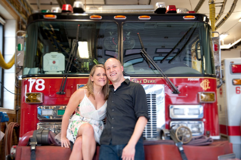 Engagement photos in fire station by Chicago Cubs stadium