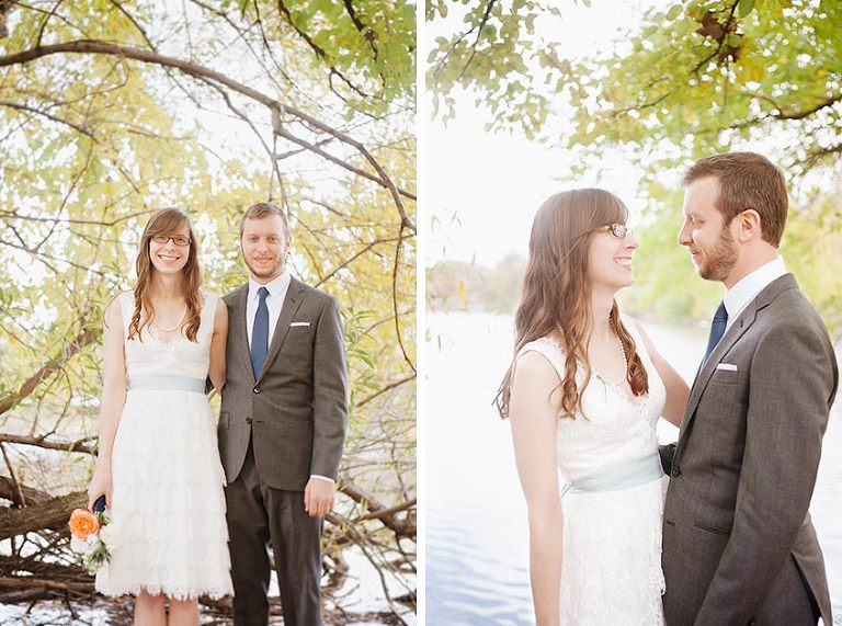 bride and groom portraits in Lincoln Park Pond